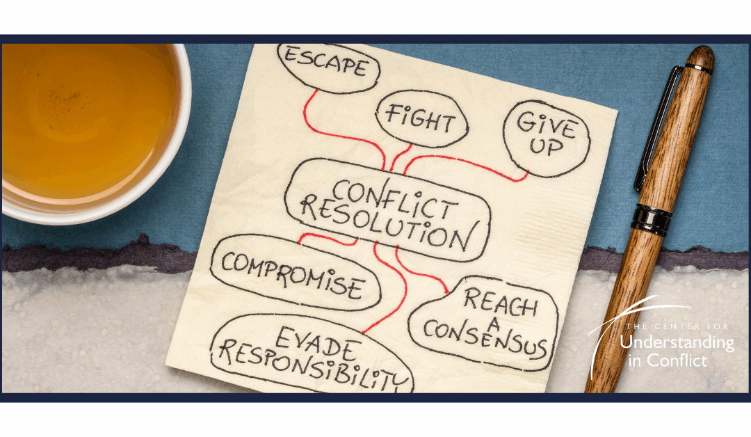 Image with a notepad on a desk featuring conflict scenarios.